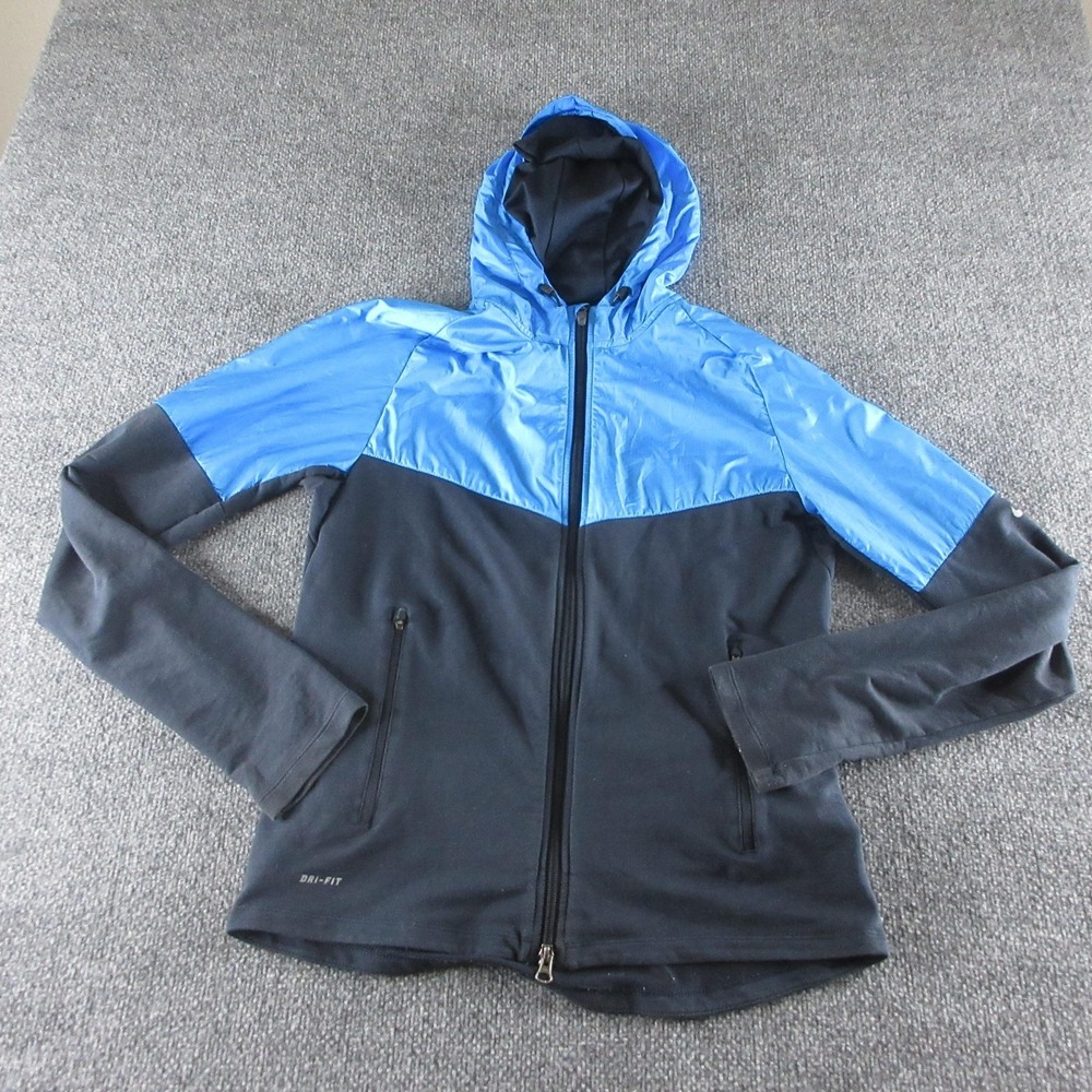 Nike Dri-FIT Jacket Mens M‎ Blue Black Hooded Full Zip Running Windbreaker
